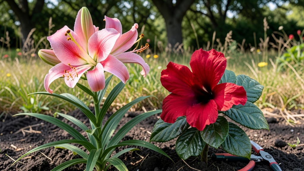 Lilies and Hibiscus Flowers: Dramatic Color Contrast for Bold Garden Focal Points