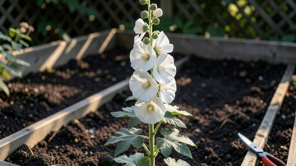 White Hollyhock Flowers: Pacific Northwest's Frost-Resistant Vertical Jewels